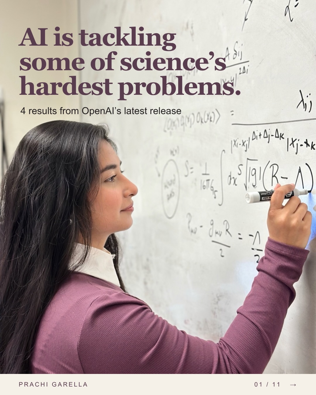 Prachi at a whiteboard introducing four reported AI results in mathematics and physics